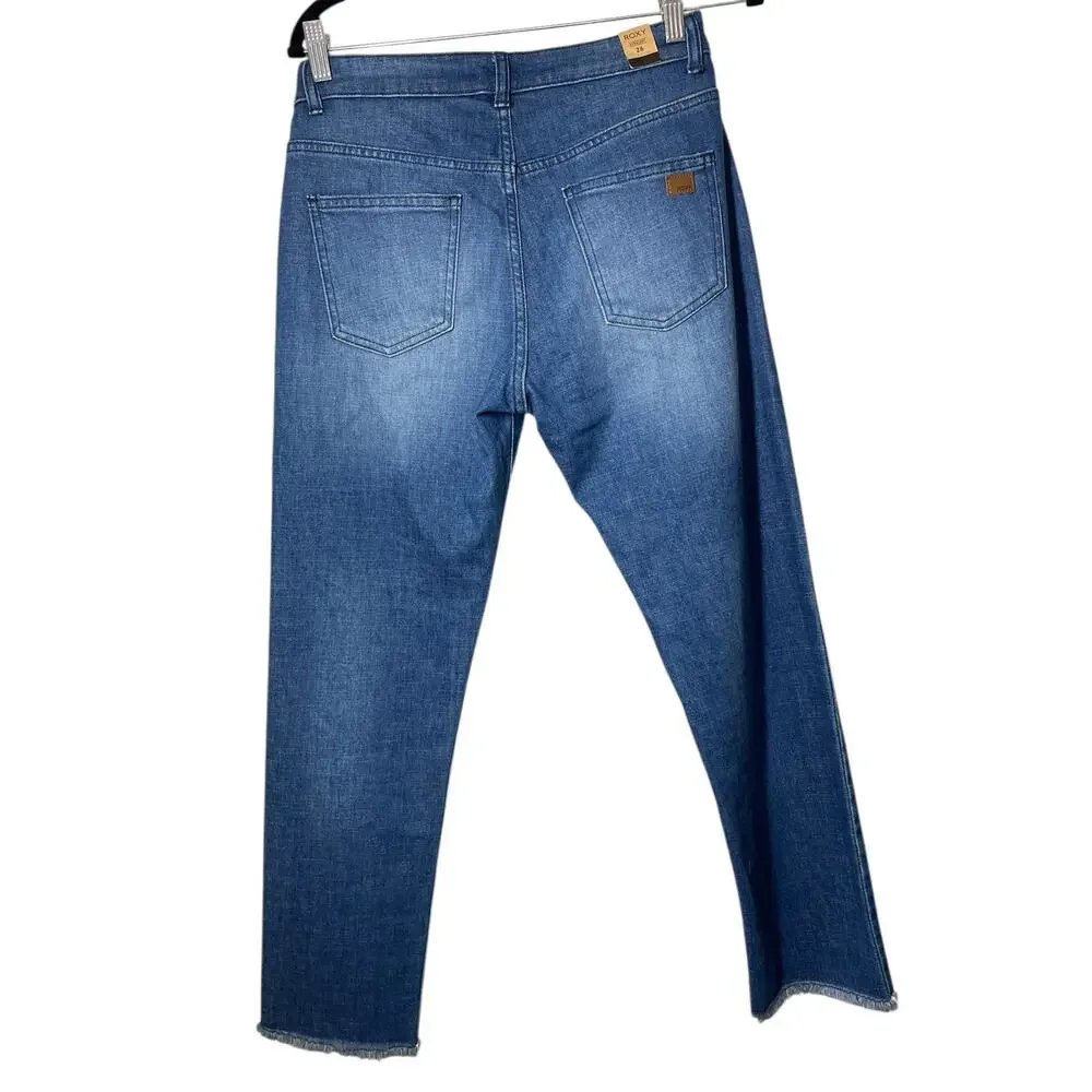 Roxy NEW Straight Jeans Womens Size 26 Raw Fray Hem Whiskering Stretch